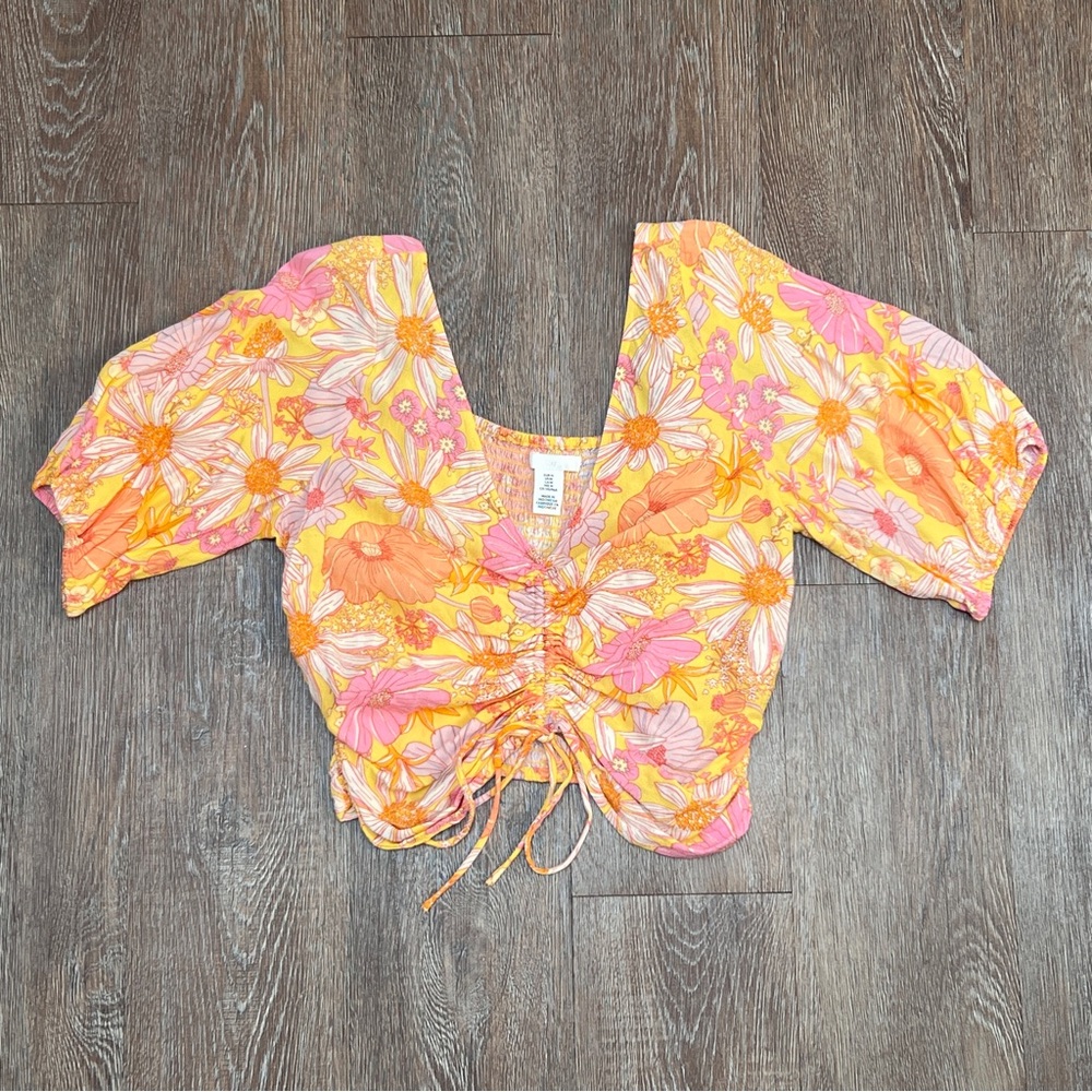 H&M Floral Daisy Ruched Puff Sleeve Crop Top Yellow Pink Retro | Size: M